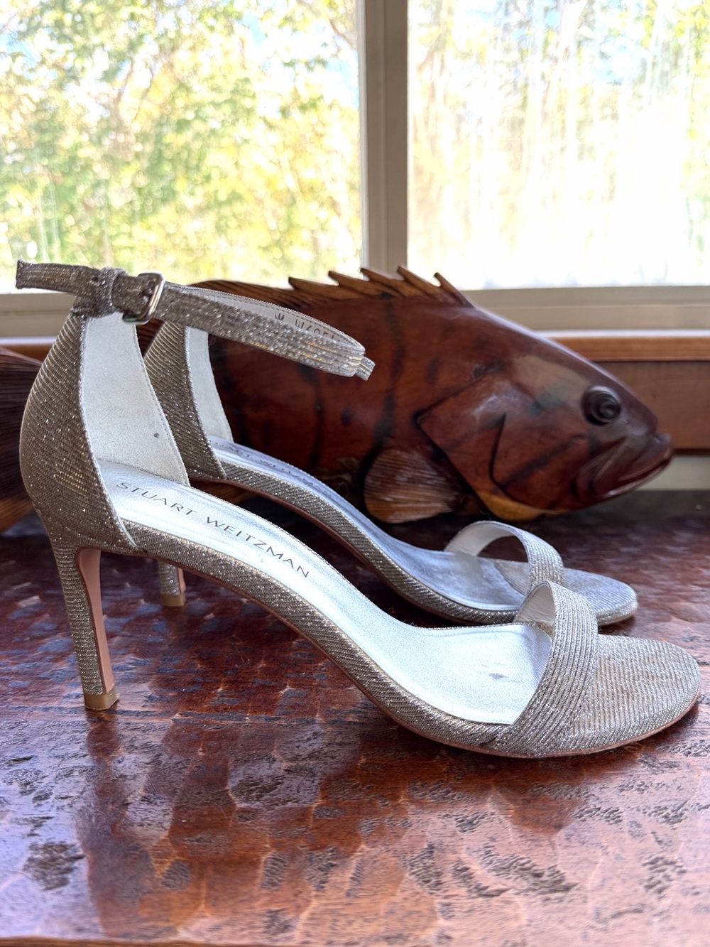Stuart Weitzman Sparkle Glitter Strappy Heels Silver Gold 9M Wedding Nudist 75 - Picture 9 of 11